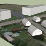 Vizualizace - celková situace (srovnání stávajících domů v popředí a novostavby)